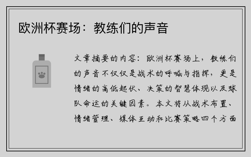 欧洲杯赛场：教练们的声音